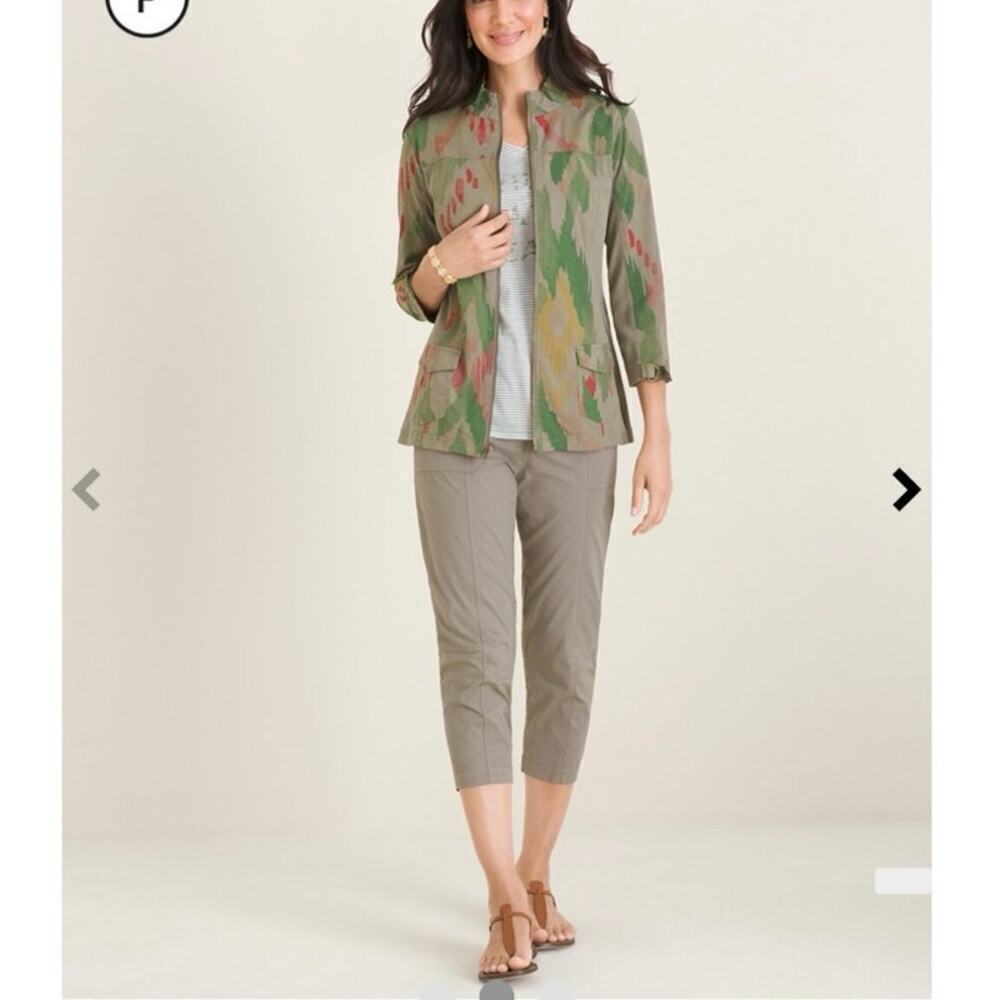CHICO’S ZENERGY NWT Ikat Print Olive Green & Khaki Utility Jacket Size 3 (16-18)